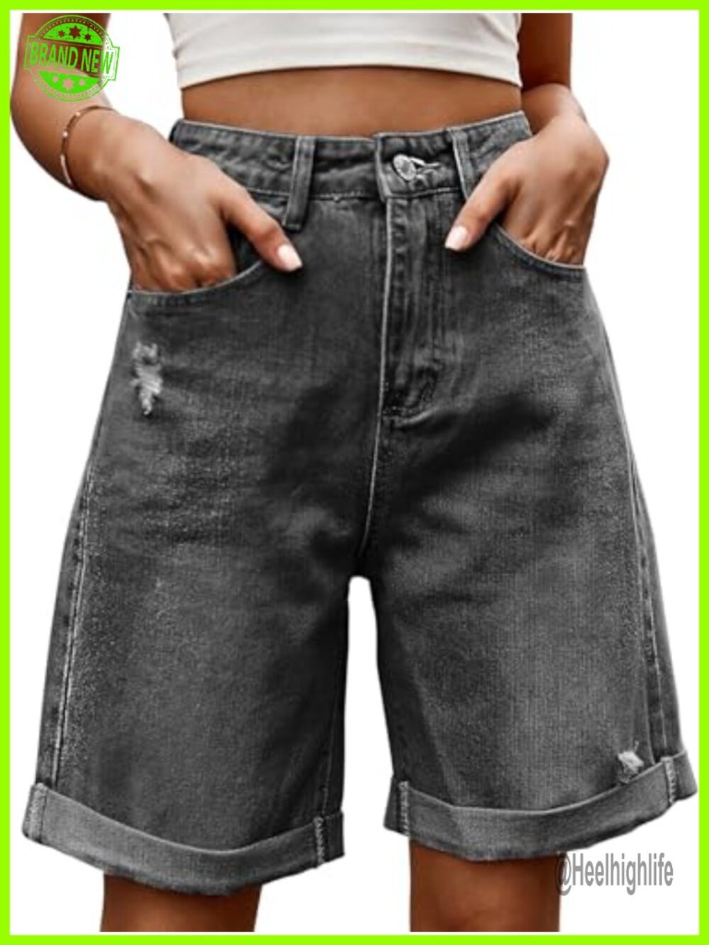 High Mid Rise Ripped Denim Jean Shorts Folded Hem Bermuda Jorts